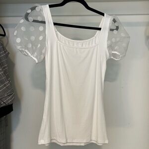 Womens Stretch Scoop Neck Polka Dot Sheer Puff Sleeve Ribbed Blouse White Medium